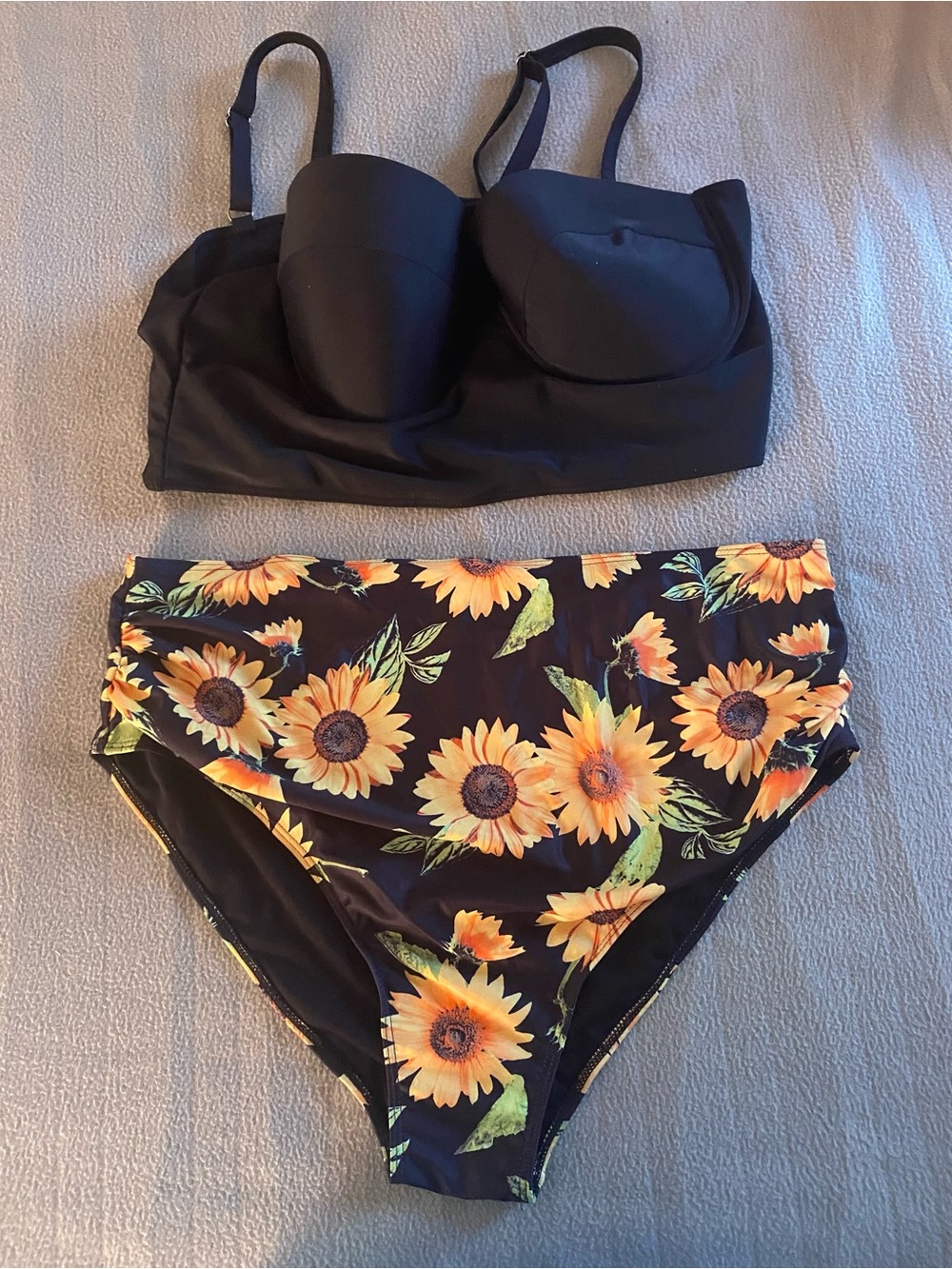 SHEIN Black Longline Bikini Top with Black Sunflower High Waist Bottoms